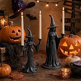 OBreezify 8 Pcs Witch Candle Holder, Resin Halloween Candlestick Decor | 2 Witch Candlesticks with 6 Candles, Spooky Tabletop Display for Fireplace and Living Room, Indoor Party Decoration