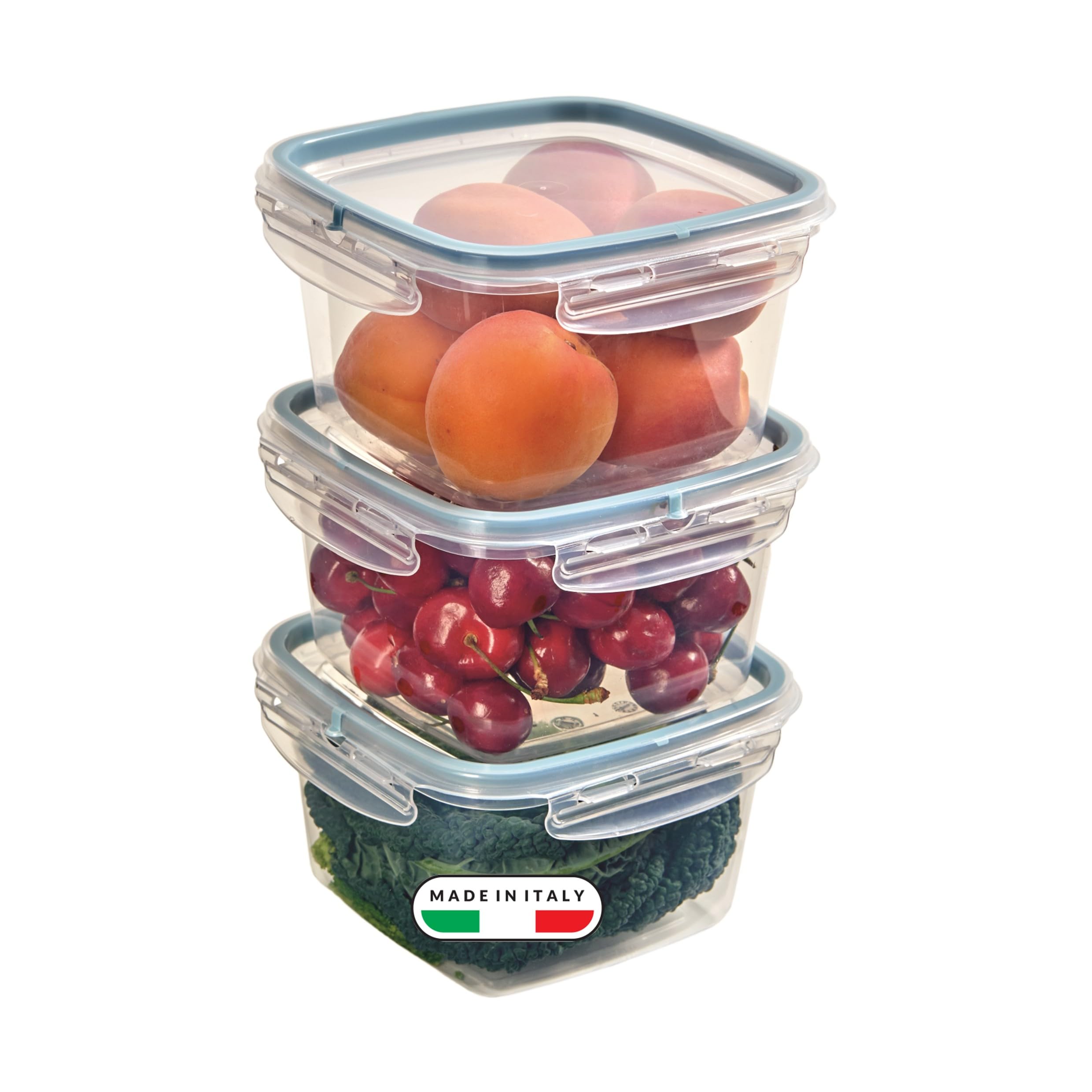 Snips SnipsLock Square Food Storage Containers 1 L, Set of 3 – Airtight Leakproof Fridge & Freezer Containers, Microwave Safe (No Lid), 4 Safety Locks, Dishwasher Safe – Made in Italy