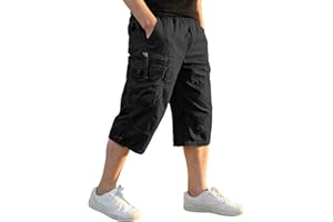 EKLENTSON Men's Shorts Capri Elastic Long Cargo Shorts Below Knee Cotton Casual Shorts 3/4 Baggy Shorts with Multi-Pocket