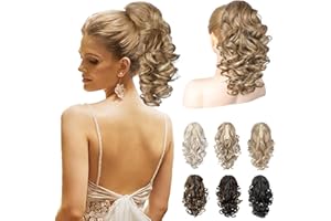 REECHO 12" Ponytail Extension, Classic Loose Curly Wavy Claw Clip Pony tails Hair Extensions Hairpieces for Women - Dark Blonde with Highlights