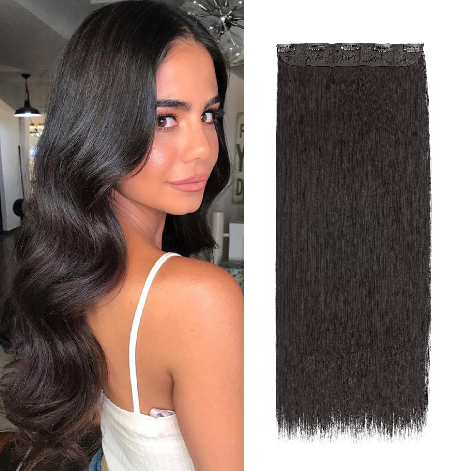26 Inch One Piece 5 Clips Matte Material Hair Extension Straight Clip In Hairpiece Synthetic For Women Beauty, Natural Black