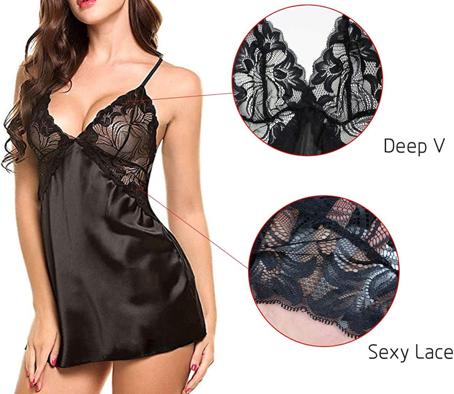 Zirami Satin Lingerie for Women Sexy Nightwear V Neck Lace Sleepwear: Clothing