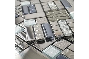 Adedeo Glass Mosaic Tile Grey and Silver 12 x 12 Inch for Kitchen Backsplash Bathroom Wall (5-Pack, 5 sq.ft.)