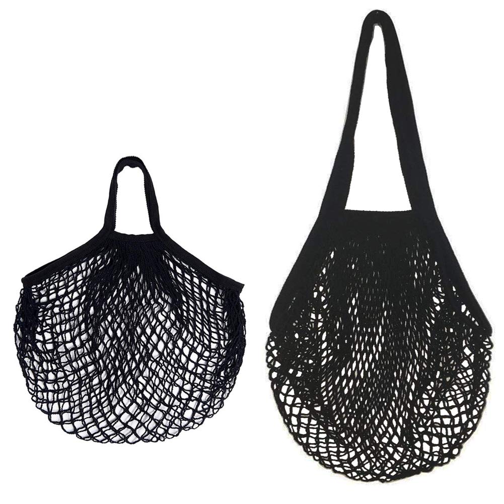 YIPINECO 2 Pack Net Cotton String Shopping Bag Net Reusable Shopping Tote for Grocery Shopper Produce Storage Beach Toys Fruit Vegetable (Long Handle + Short Handle) (Black)