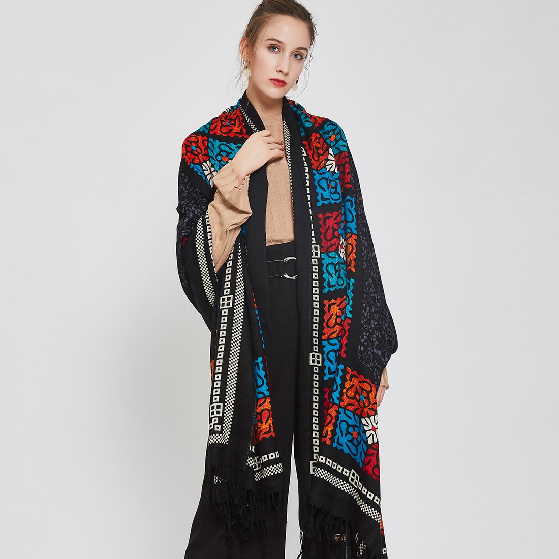 DANA XU Scialle Pashmina In Pura Lana Merino,超大尺寸 244x109cm, Inverno, Con Frange