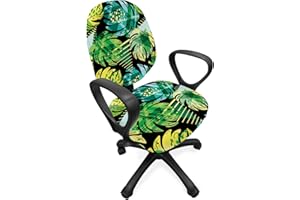 Lunarable Tropical Office Chair Slipcover, Monstera Coconut Palm Banana Tree Leaf Vibrant Jungle Doodle Grunge Graphic, Protective Stretch Decorative Fabric Cover, Standard Size, Jade Green