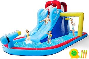 JOYLDIAS Inflatable Bounce House, Water Slide Bouncer Playhouse Castle w/Splash Pool, Climbing Wall, Basketball Hoop & Carry Bag, 480W Air Blower for Kids Backyard Indoor Outdoor Use, Free Water Gun