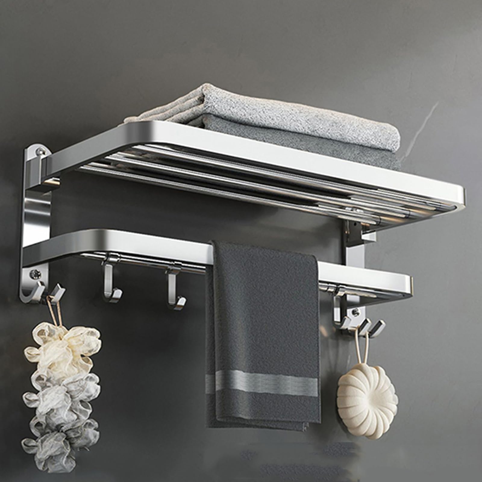 Towel Rail,Towel Holder Wall Mounted 2-Tier Foldable Towel Rack With Activity 5 Hooks SUS 304 Stainless Steel