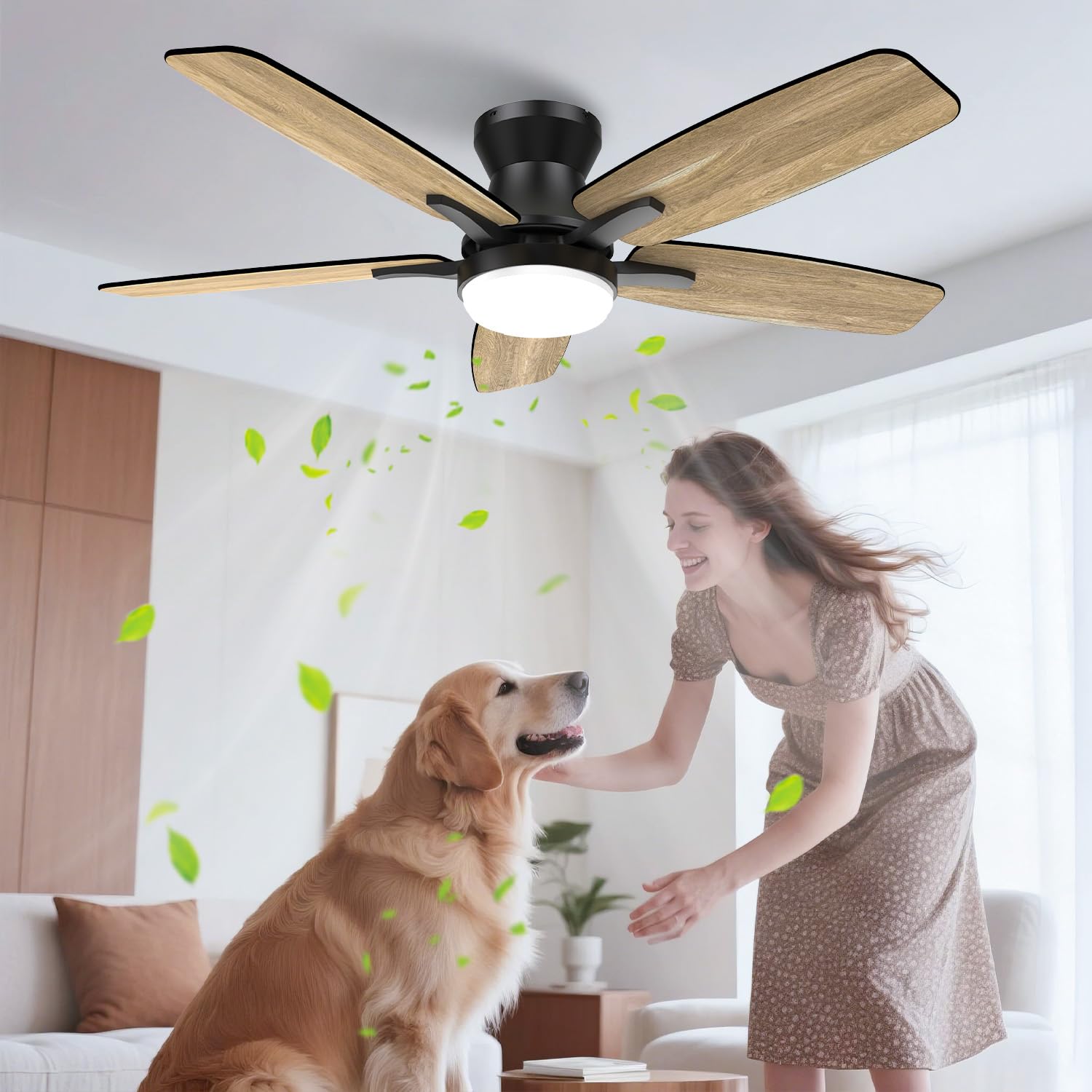 106 cm Ceiling Fan with Lighting, Double-Sided Blades, Quiet Ceiling Fan with Light and Remote Control, LED Lamp with Fan for Bedroom, Living Room, Reversible DC Motor