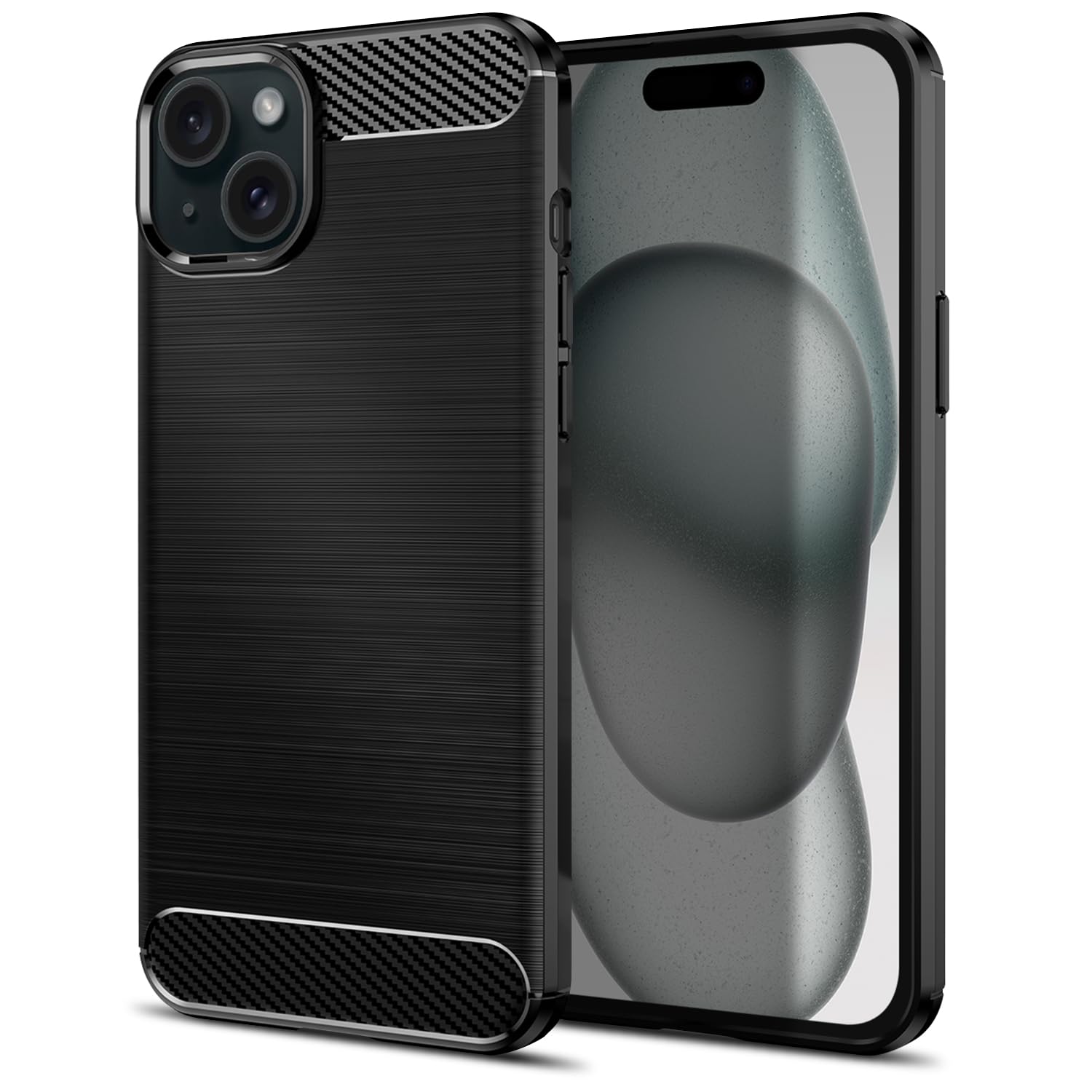 Qiinogow Case Compatible with iPhone 15 Plus, Slim Fit Phone Cover with Shock-Absorption, Carbon Fiber TPU Rubber Protective Case, Black โ image 1