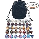 Assorted Polyhedral Dice Set with Black Drawstring Bag, 5 Complete Dice Sets of D4 D6 D8 D10 D% D12 D20 Great for Dungeons and Dragons DnD RPG MTG Games