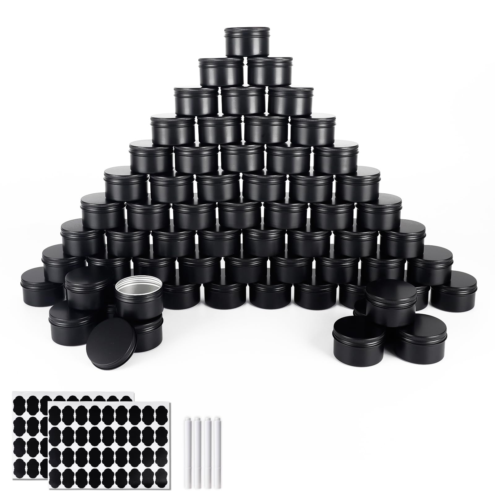 Photo 1 of **USED**OBKJJ 64 Pack Round Cans with Screw Lid 4 Oz Aluminum Metal Tins DIY Food Candle Containers for Lotion Bars, Balms, 
Salve, Spices, Beard Balm, Crafts with 4 Markers 2 Sheets Label Stickers (Black)