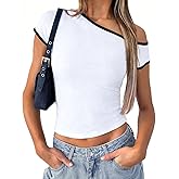 LEEDYA Off The Shoulder Tops for Women Summer Short Sleeve Basic Slim Fit Crop Top Sexy Y2K Going Out T Shirts