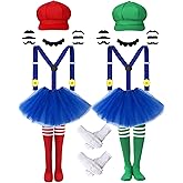 Yearntown Halloween Bros Costume Accessories for Women Adult Duo Halloween Cosplay Plumber Costume Accessories Hats Mustache Dress Gloves Suspenders Socks for Teen