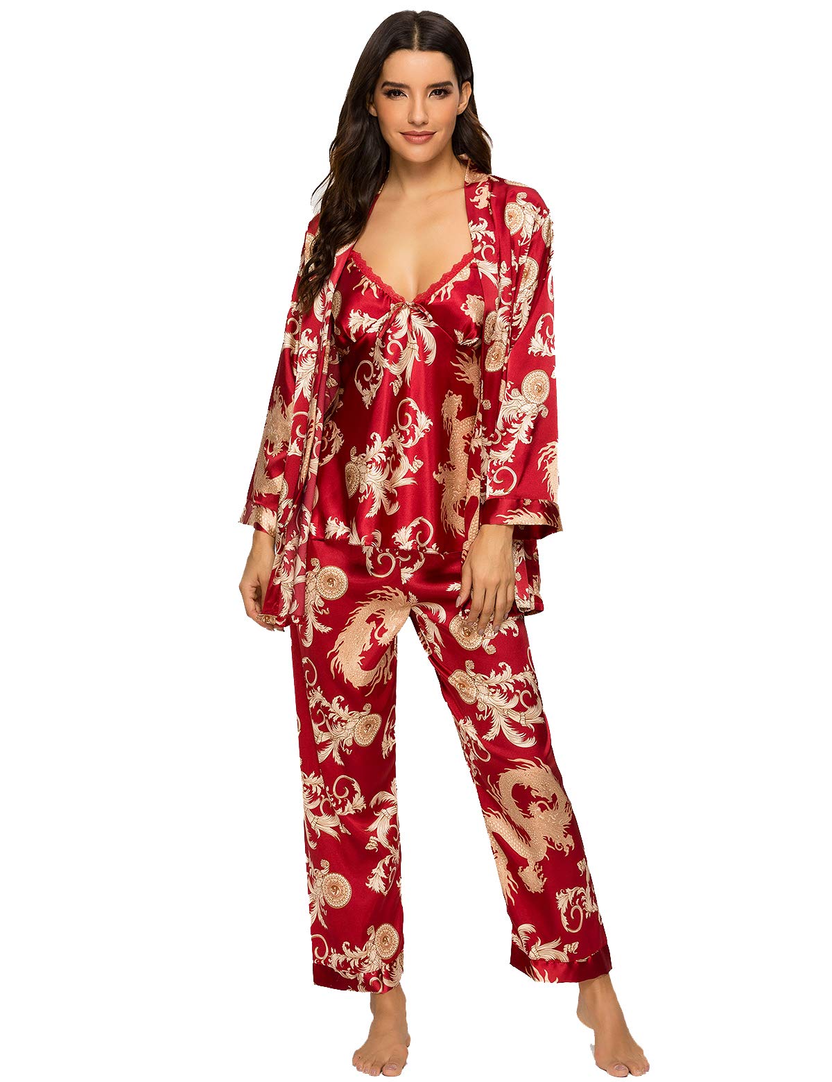 Photo 1 of Escalier Women's Silk Satin Pajamas Set 3 Pcs Floral Silky Pj Sets Sleepwear Cami Nightwear with Robe and Pants Wine M