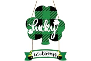YUNKKIN St Patricks Day Decorations St Patricks Day Wreath Front Door Decorations Buffalo Plaid Shamrock Wreath Wooden Lucky Welcome Sign Door Hanger for Wall Indoor Home Decor