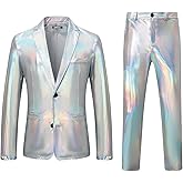 ZEROYAA Men's Metallic Shiny Suits Disco Sequin Blazer and Pants 2 Piece Sets for Party Prom