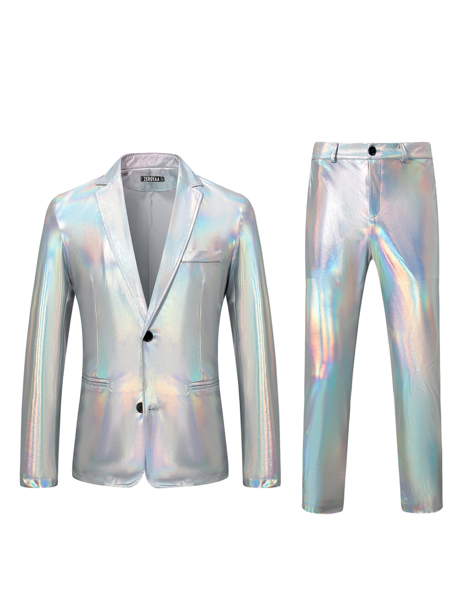 Photo 1 of **Top Only** ZEROYAA Men's 70s Disco Suits Metallic Shiny Sequin Outfits Blazer and Pants Set Dance Party Costume Laser Silver X-Large