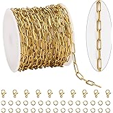 KYUNHOO 16.4 Feet Stainless Steel Paperclip Chain Roll Gold Plated Necklace Chains for Jewelry Making Supplies with Lobster Clasps and Jump Rings