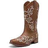 DREAM PAIRS Women's Western Cowboy Boots Square Toe Embroidered Mid Calf Boots Western Chunky Low Heel for Country Music Festivals Theme Party and Concert