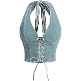 WDIRARA Women's Lace Up Front Denim Halter Tops Deep V Neck Tie Back Smocked Sleeveless Crop Top