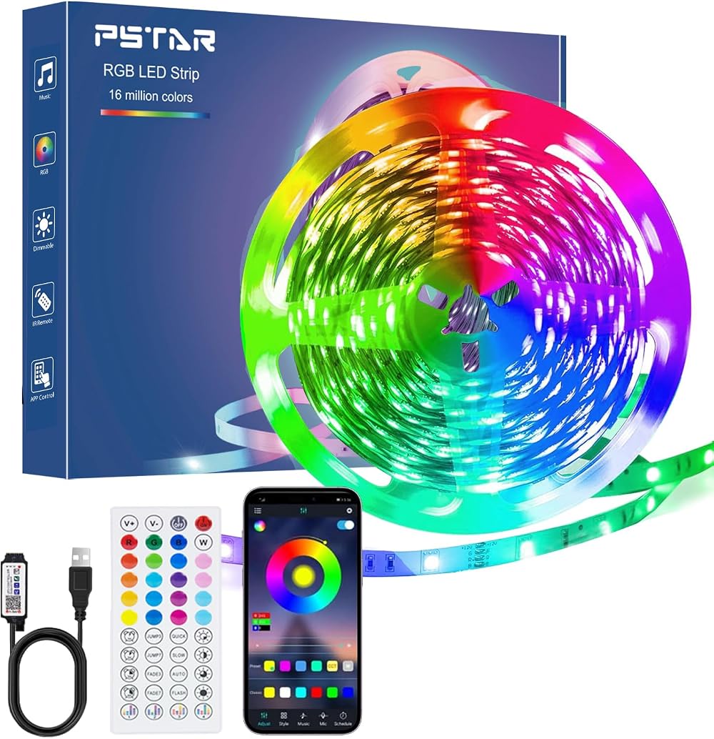 PSTAR 8M LED Strip Lights Bluetooth RGB with Remote App USB Powered