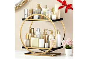 YIWANFW Makeup Organizer for Vanity, Black Gold Perfume Organizer for Dresser, 2-Tier Bathroom Countertop Organizers, Bathroom Counter Shelf Skincare Holder Perfume Tray Cosmetic Display