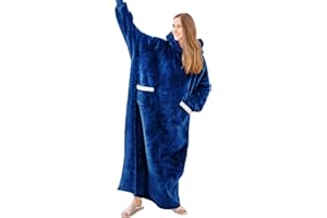 Aisbo Oversized Wearable Blanket Hoodie - Long Sherpa Fleece Blanket Sweatshirt for Adult Women Men Gift, Warm Comfy Flannel Hooded Blanket with Sleeves Giant Hood and Pockets, Blue Standard