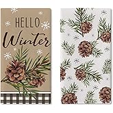 Croar Hello Winter Brown Kitchen Dish Towel, Pine Cones Branches Snowflakes Drying Hand Towel Baking Cooking Cloth, Christmas Buffalo Plaid Farmhouse Home Decoration 18 x 26 Inches