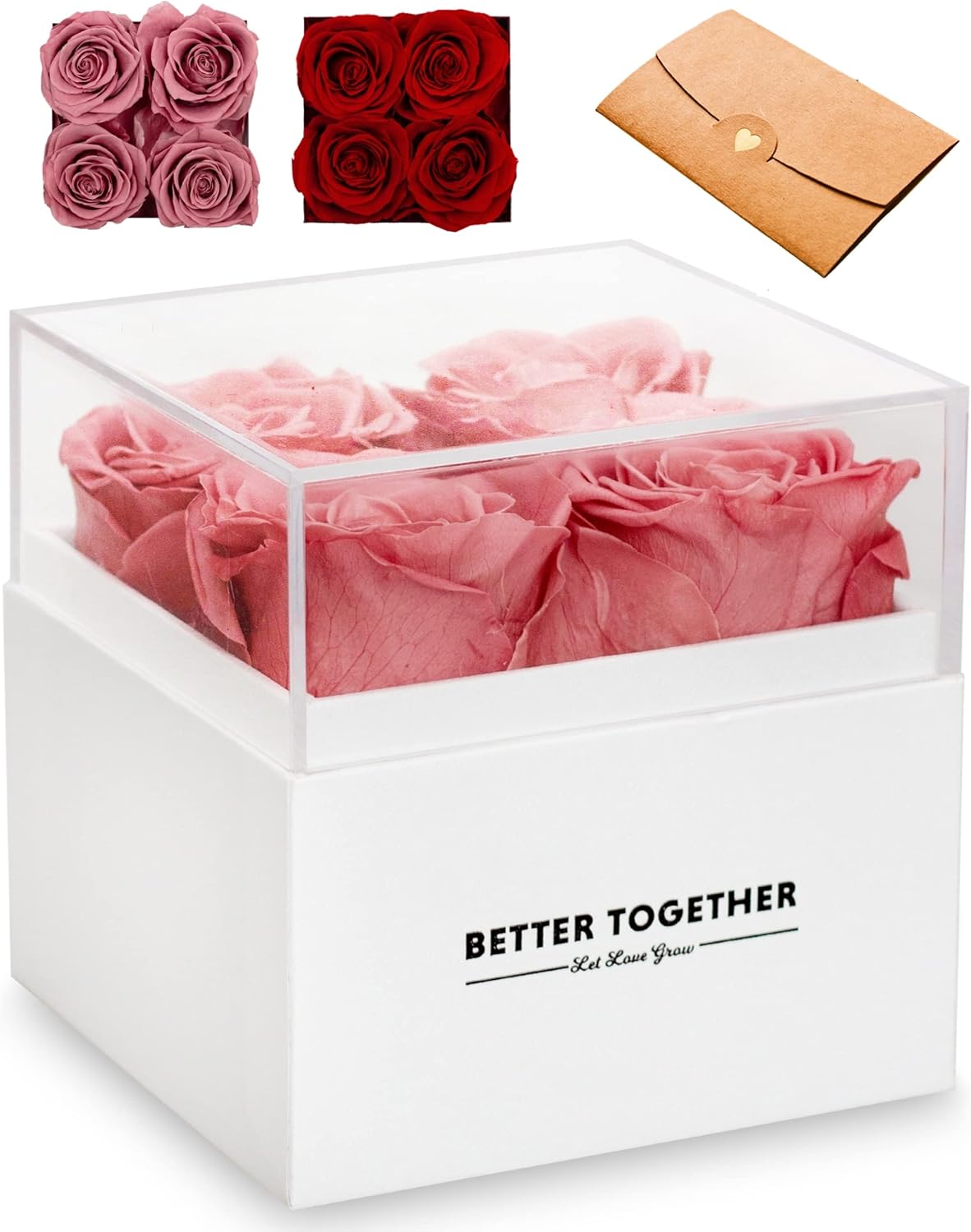 Dried & Preserved Flora - Preserved Real Roses that Last a Year with Blank Card - Eternal Roses in a Box with Acrylic Cover - Rose Forever Gift Handmade for Her Girlfriend Wife Anniversary Birthday (Unscented, 4 Pink)