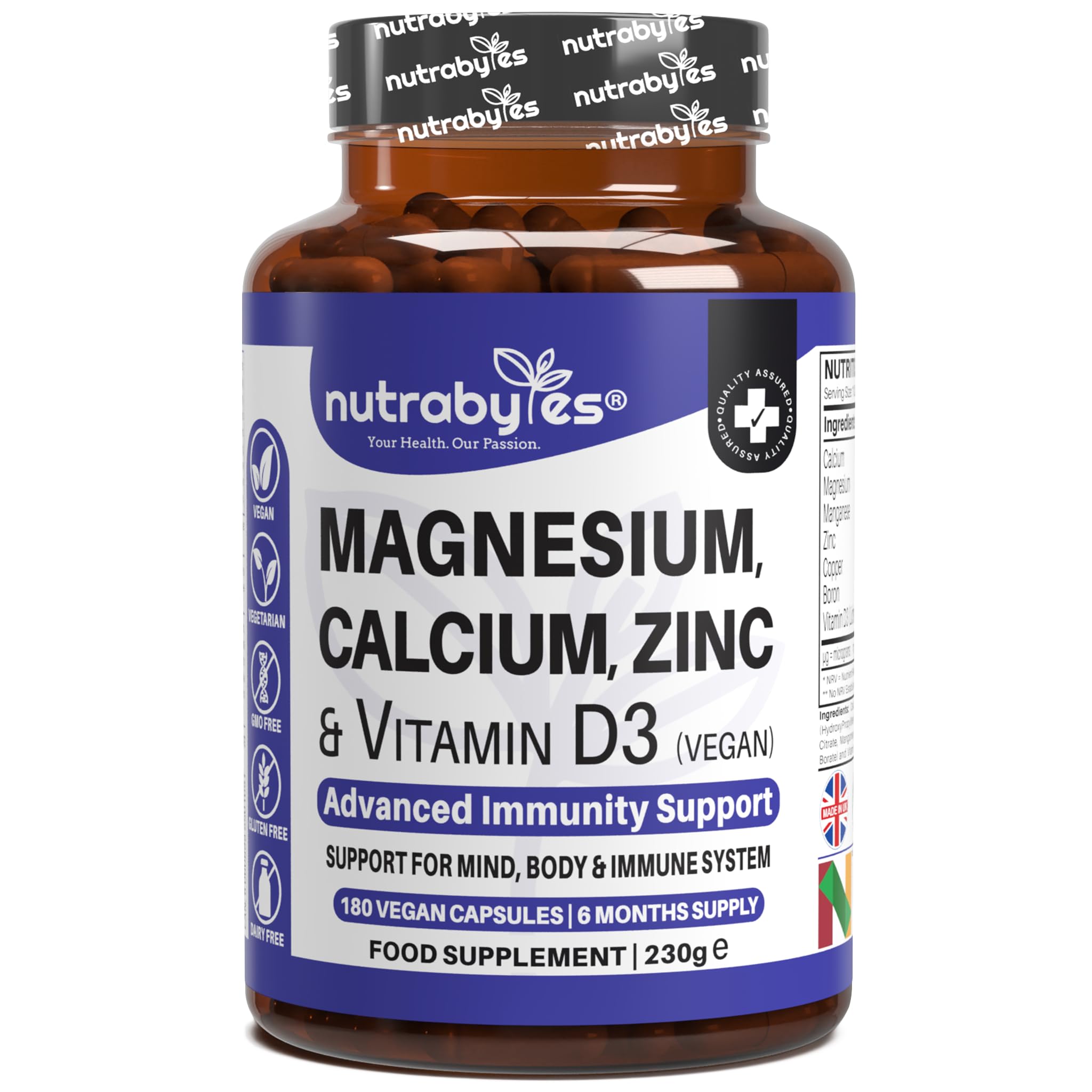 Calcium Magnesium Zinc Vitamin D3 | 180 Vegan Capsules | Bone Health Teeth Muscles Immune Support | with Copper Boron Manganese | Non-GMO Gluten Free | Women & Men | 6 Month Supply | UK