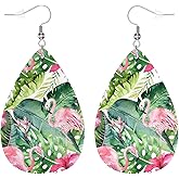 Zokola Pink Flamingo Dangle Earrings For Women, Tropical Bird Flamingos Floral Palm Leaves Double-Sided Faux Leather PU Earrings Boho Jewelry For Teen Friends Friends
