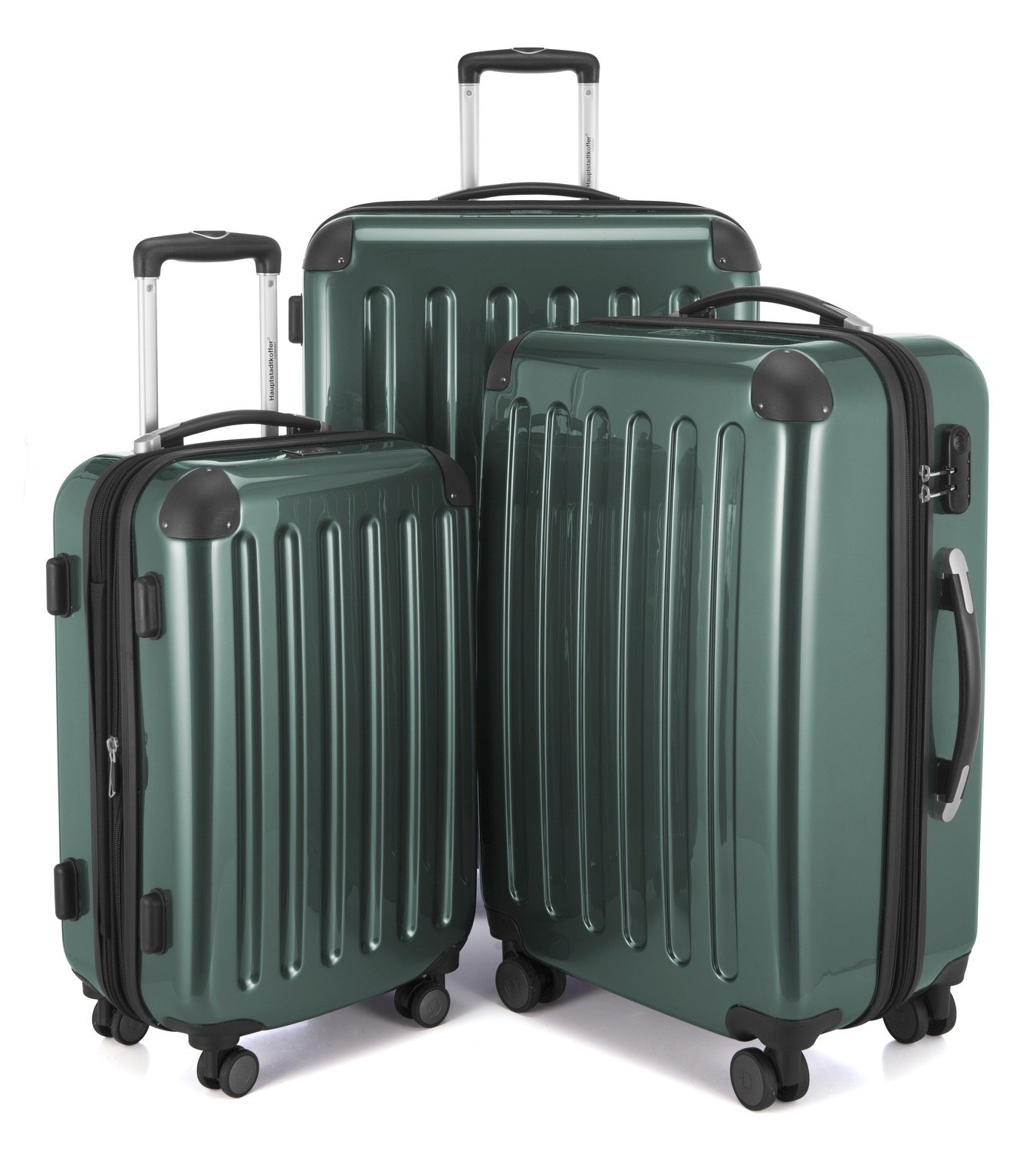 Hauptstadtkoffer Alex 3-Piece Suitcase Set – Cabin Suitcase 55 cm, Medium Suitcase 65 cm & Large Travel Suitcase 75 cm, ABS+PC Hard Shell, Combination Lock, DarkGreen