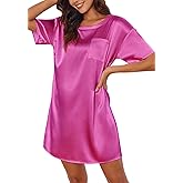 Ekouaer Silk Sleep Shirts for Women Satin Nightshirt Tshirt Nightgown Sleepwear Shirt Dress With Chest Pocket S-2XL