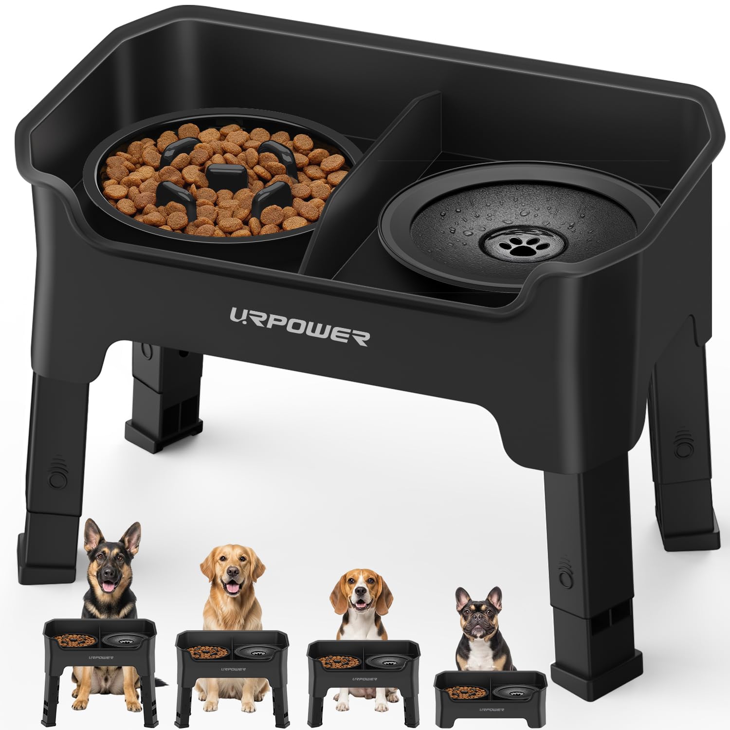 Photo 1 of URPOWER Mess Proof Elevated Dog Bowls 4 Height Adjustable Raised Stand with No Spill Water Bowl and Slow Feeder Dog Bowls Non-Slip Food and Water Bowl Set for Small, Medium & Large Dogs