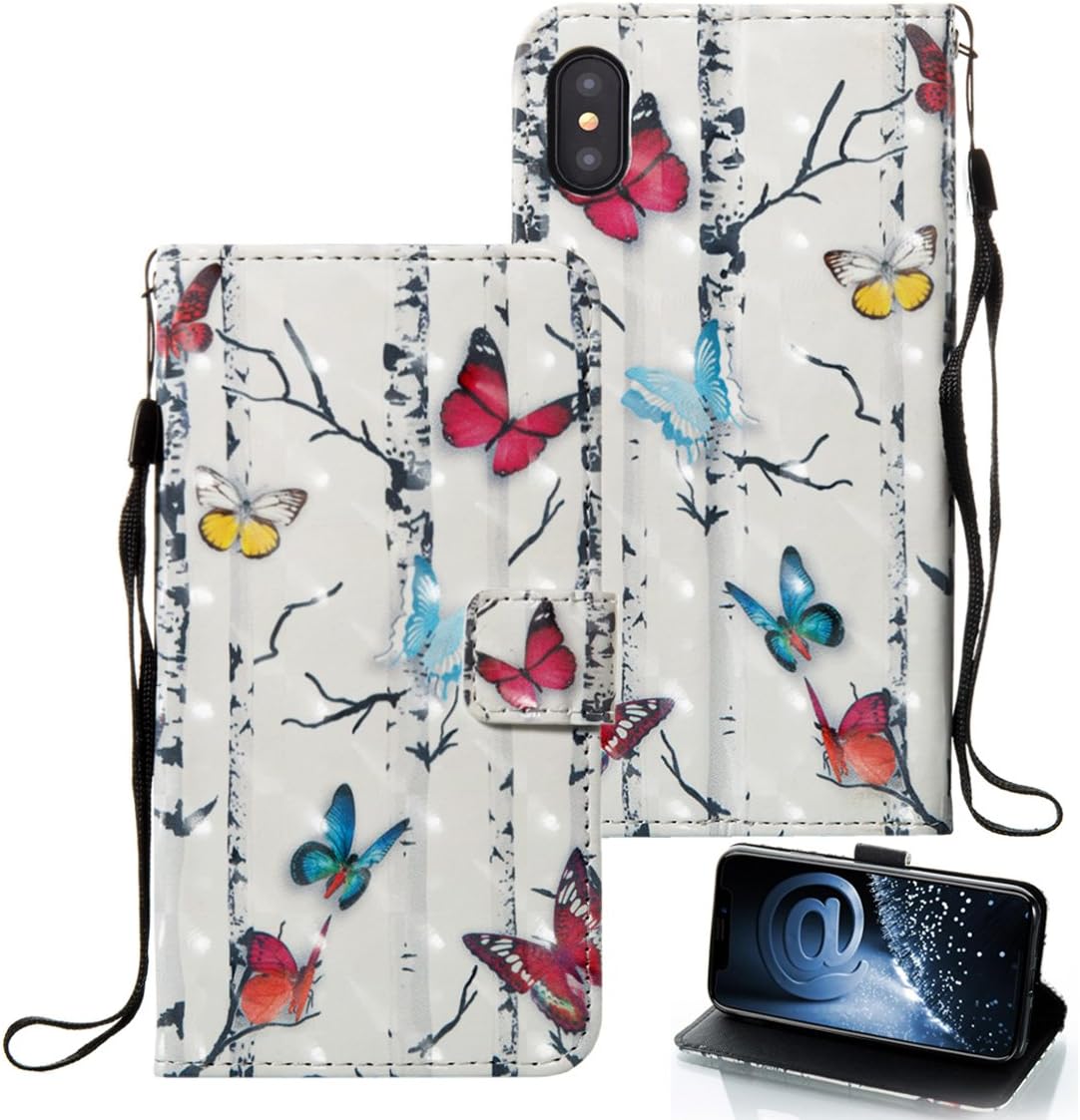 Tencro iPhone X Case, iPhone Xs Case, iPhone Xs Wallet Case, [Wallet Stand] PU Leather Wallet Flip Protective Case with Card Slots and Wrist Strap for iPhone X iPhone Xs - Butterfly
