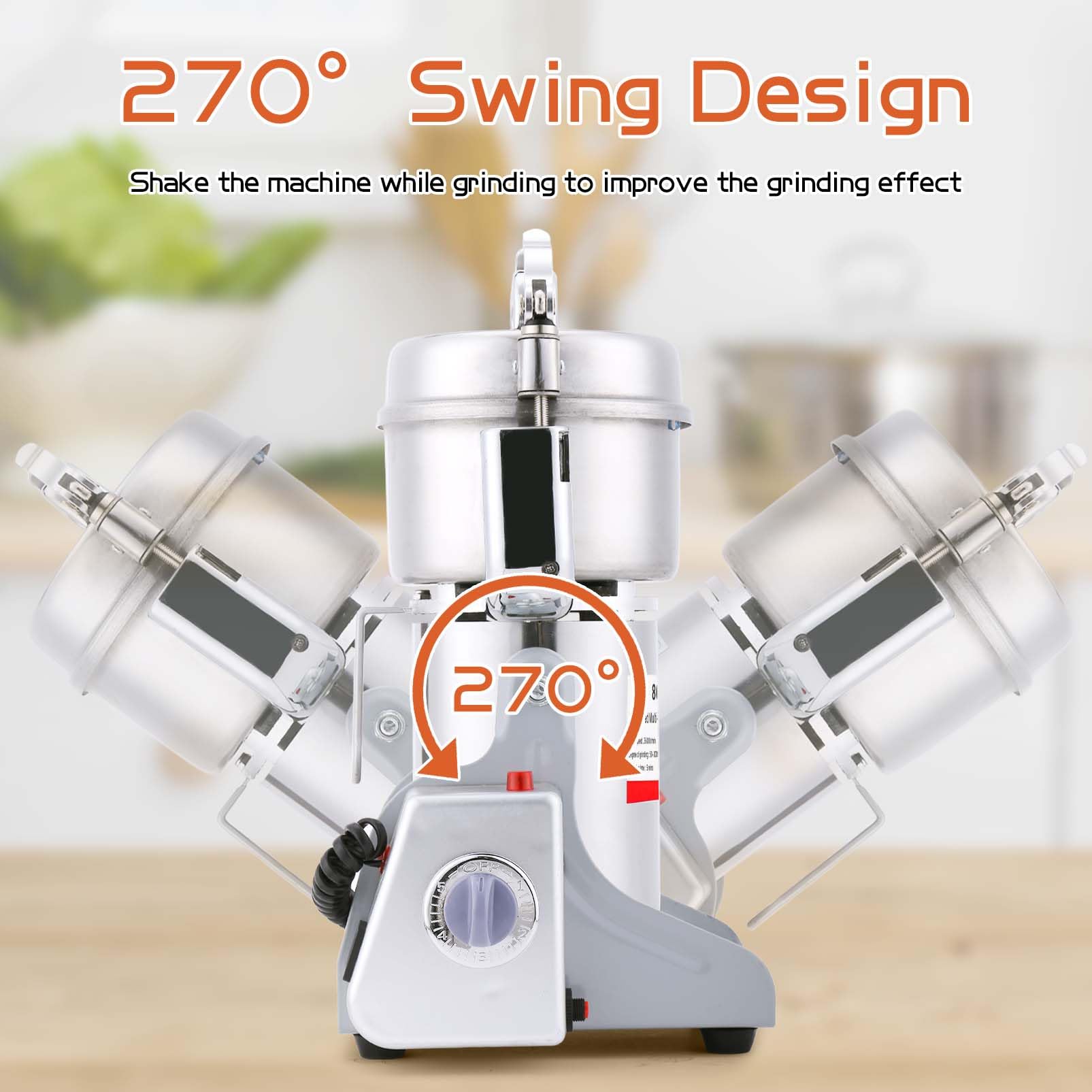 BI-DTOOL Electric Grain Mill Grinder 800g Stainless Steel Pulverizer 36000r/min High-speed Grain Mill 1800W Dry Material Grinding Machine 270° swingable Superfine powder for Home and Commercial