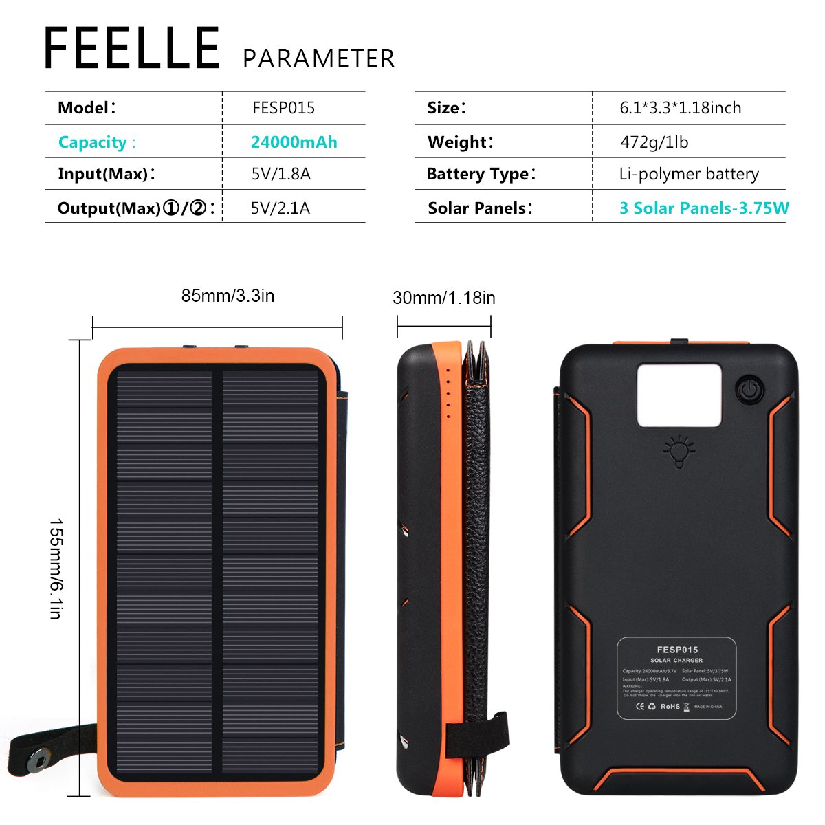 Solar Charger 24000mAh, FEELLE Solar Power Bank with 2 USB Ports Waterproof 8809865111669 eBay