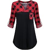 MOQIVGI Womens Roll Up Long Sleeve V Neck Patchwork Blouse Shirt Tops