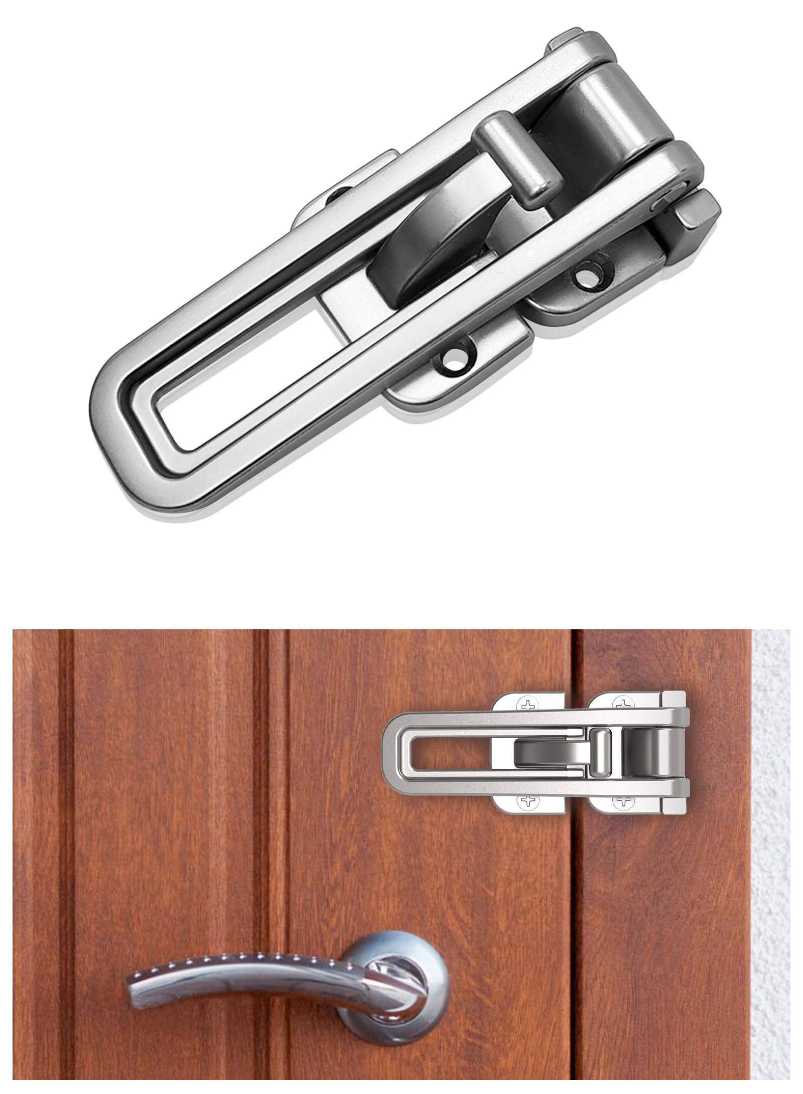 Photo 1 of Door Swing Bar Lock Latch with Extra Buckle Lock, Guard Lock for Front and Inside Door, Hinged Swingin Doors Reinforcement Lock, Home Security Door Stopper, Safety Childproof, Zinc Alloy, SN (Silver)