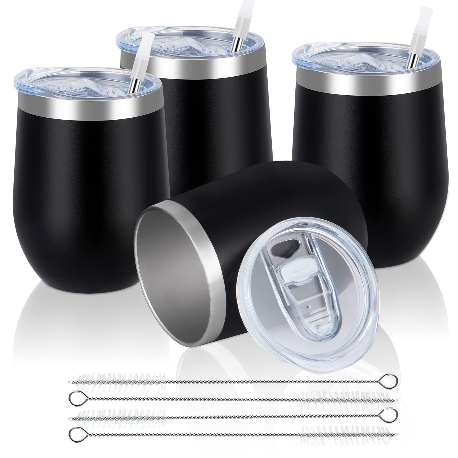 Reusable Coffee Cup, Double Walled -Insulated Travel Mug Vacuum Stainless Steel Wine Tumbler with Spill Proof Lid, Great for Hot & Cold Drinks - Coffee, Wine, 12oz/340ml (4 Piece Set, Black)