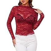 Donnalla Women Mesh Floral Lace Long Sleeve Tops Sexy See Through Layering Undershirt Blouse Crew Neck Sheer Casual Shirts