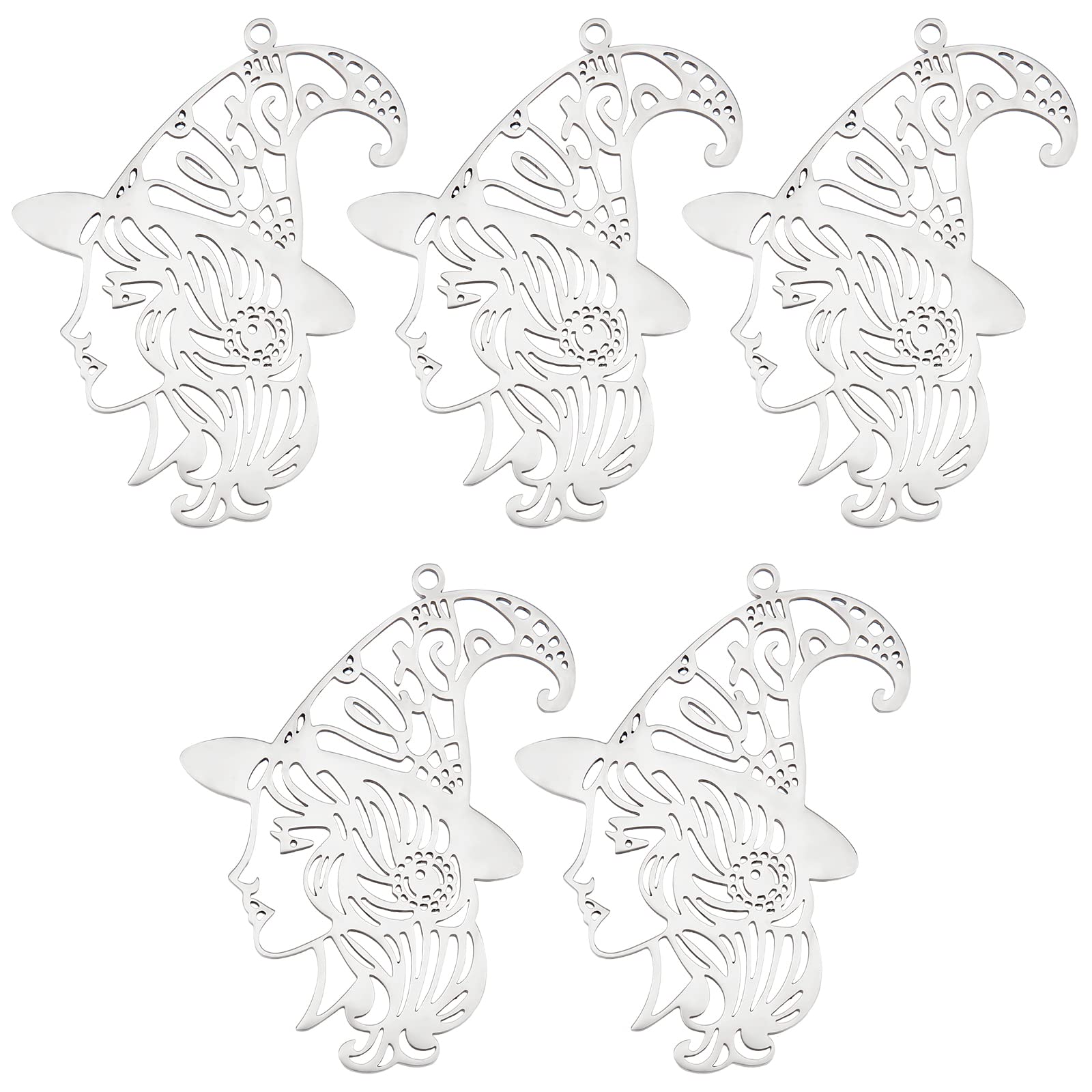 DICOSMETIC 5pcs Witch Pendants Stainless Steel Filigree Charms Witch with Magic Hat Pendants Witch Silhouette Halloween Jewellry Charms for Jewelry Making, Hole: 1.5mm