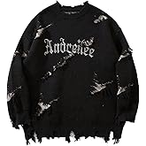 BEAUDRM Men's Grunge Letter Graphic Sweater Unisex Gothic Ripped Baggy Sweater Y2K Crewneck Long Sleeve Knit Tops Streetwear