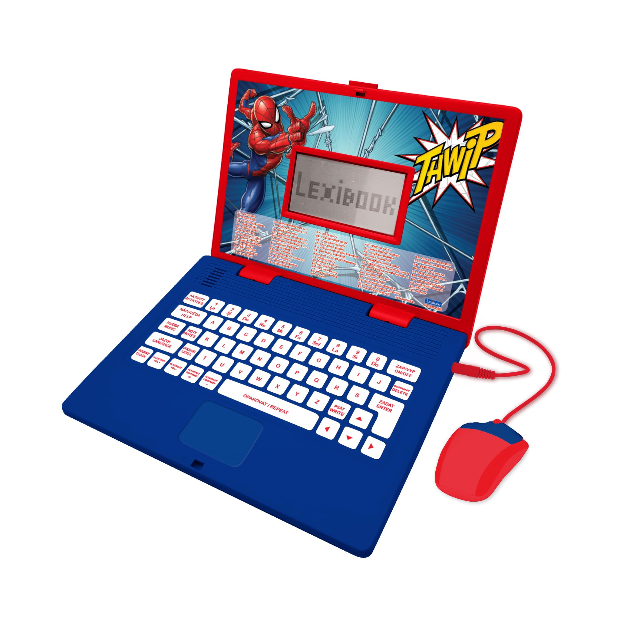 LEXIBOOK, Spider-Man, Bilingual Czech/English Educational Laptop, Toy for Children with 124 Language Activities, Writing, Mathematics, Logic, Music, and Games, Blue/Red, JC598SPi12