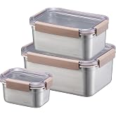 LocknLock Stainless Steel Food Storage Containers with Lids, Metal Lunch Boxes, Leak-Proof, Microwave, Freezer and Dishwasher Safe, 3-Piece Set, 1 x 520ml and 1 x 1500ml and 1 x 2800ml