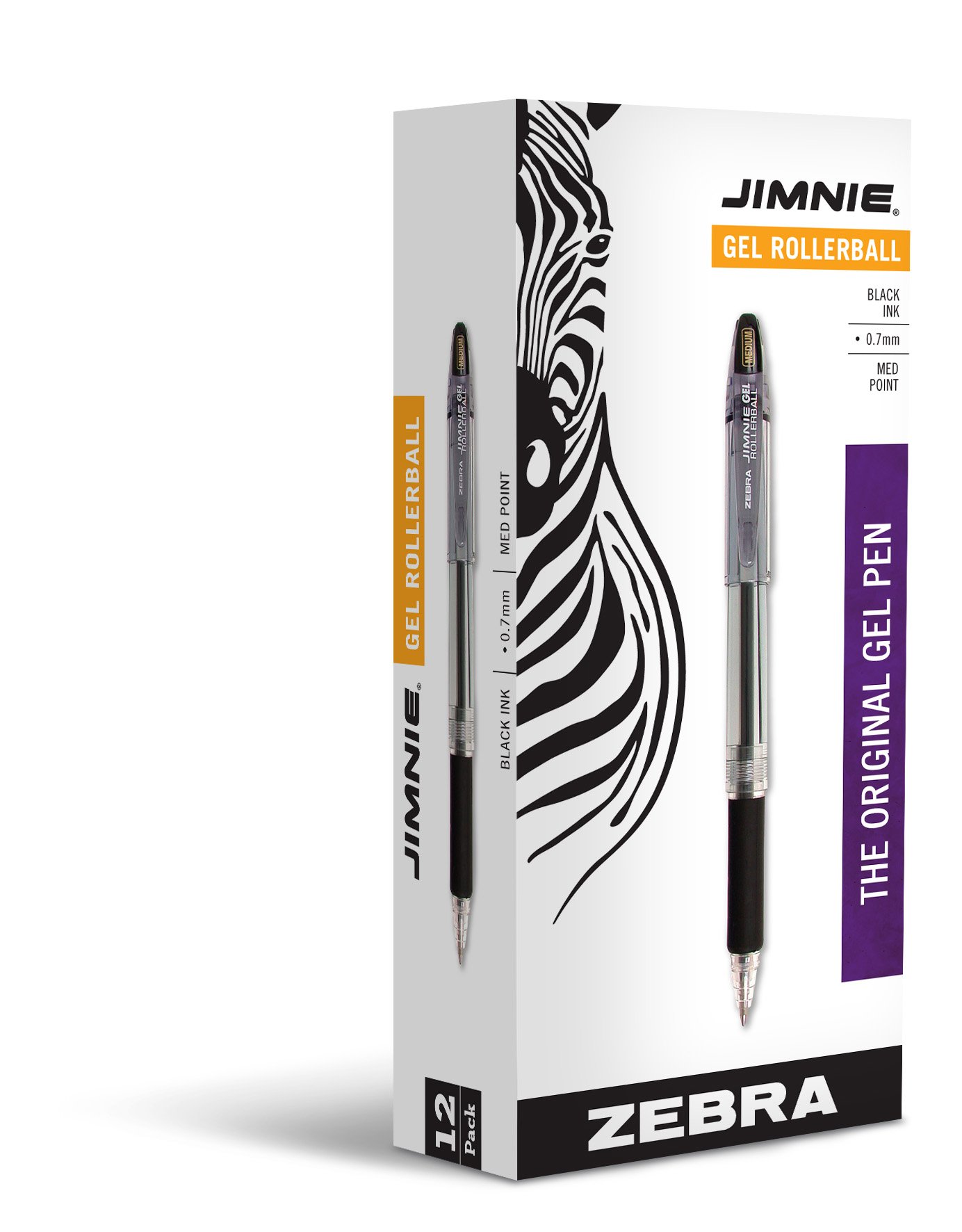 Zebra Pen Jimnie Roller Ball Stick Gel Pen, Black Ink, Medium Point, 0.7mm, 12-Count (44110)
