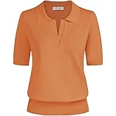 Kate Kasin Women Short Sleeve Polo Sweater V Neck Knitted Tops Casual Ribbed Shirt Loose Pullover Sweater
