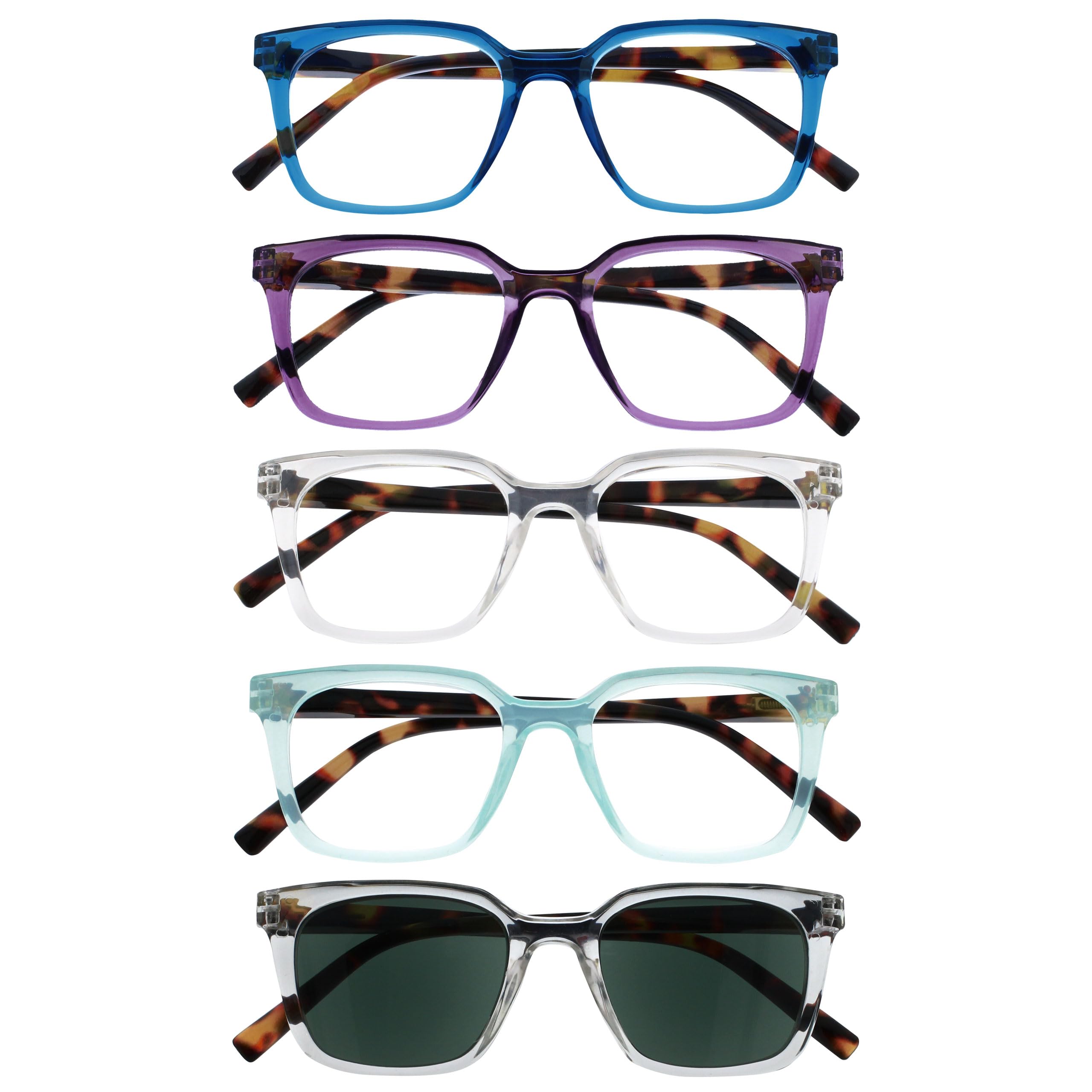 OPULIZE KOI Reading Glasses With Reading Sunglasses 5 Pack - Rectangular Frame - Black-Purple-Clear-Aqua-Clear - Mens Womens - Spring Hinges - RRRRS50-35CQC - +2.50