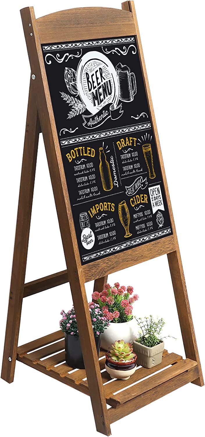 UNHO Wooden Chalkboard Easel Display Stand Wood Ladder Shelf A Frame Sign Board Freestanding Sandwich Board with Slatted Tray for Cafe Bar Book Store Restaurant